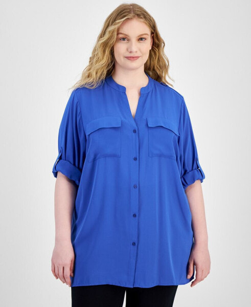 Plus Size Roll-Tab-Sleeve Button-Front Shirt