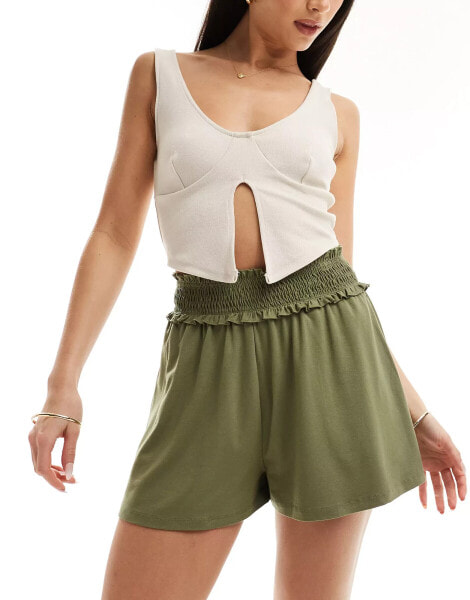 ASOS DESIGN shirred waist flippy shorts in khaki