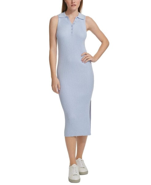 Women's Sleeveless Ribbed Polo Midi Dress