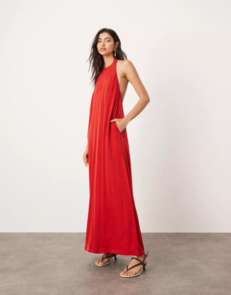 ASOS EDITION soft low back halterneck maxi dress with pockets in red