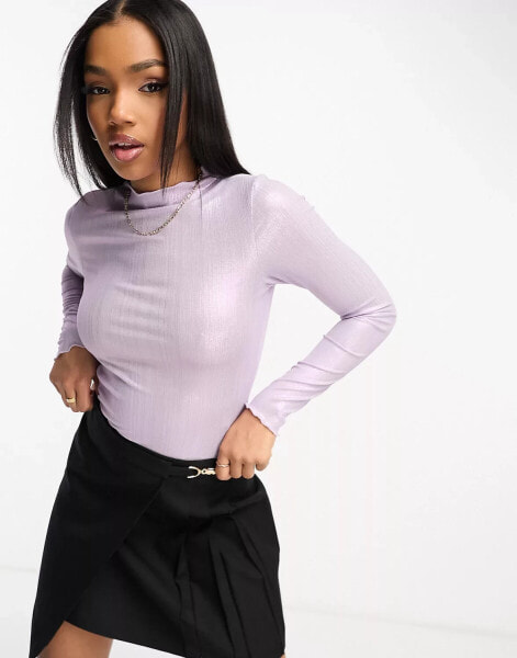 Monki long sleeve metallic lettuce hem top in lilac