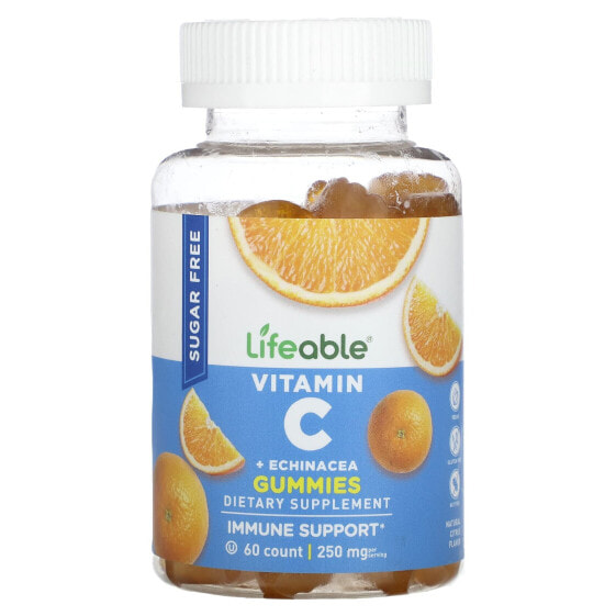 Lifeable, Жевательные мармеладки с витамином C и эхинацеей, без сахара, натуральные цитрусовые, 125 мг, 60 жевательных таблеток