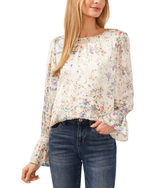 Women's Floral Print Smocked Cuff Blouse