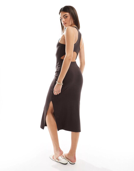 Superdry Scoop neck jersey midi dress in dark oak brown