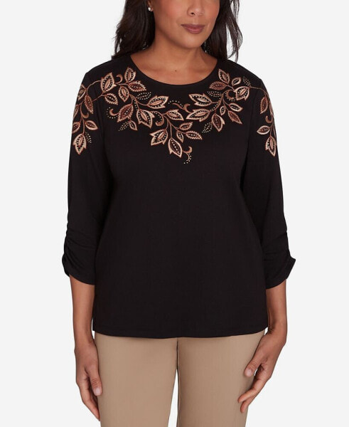 Petite Rue Rivoli Leaf Embroidered Sweater Top with Ruched Sleeves