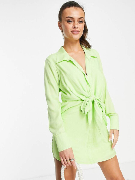 Style Cheat knot front shirt mini dress in lime green