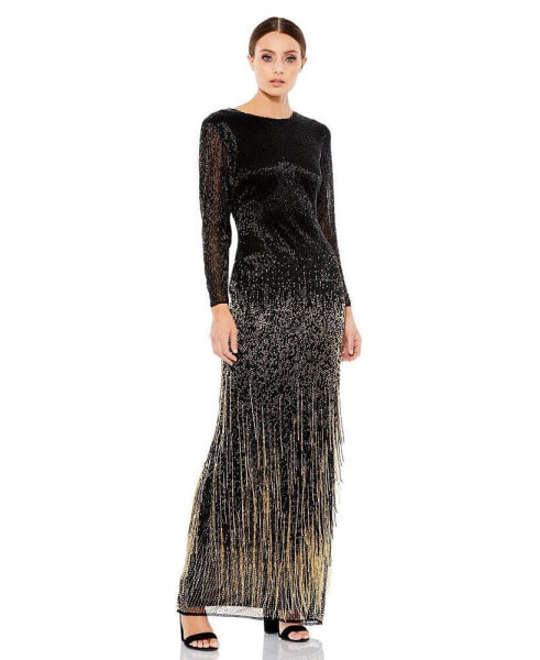 Women's Long Sleeve Beaded Fringe Column Gown