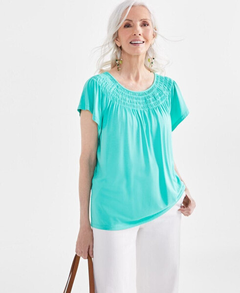 Petite Smocked-Neck Flutter-Sleeve Top, Created for Macy's