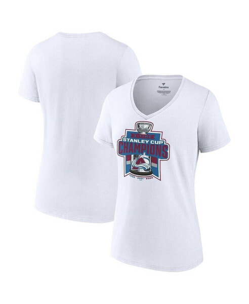 Women's White Colorado Avalanche 3-Time Stanley Cup Champions V-Neck T-shirt