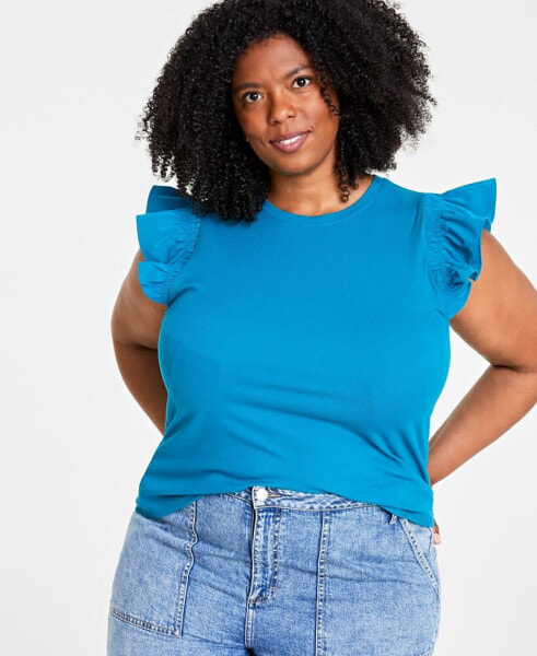 Trendy Plus Size Crewneck Flutter-Sleeve Top, Created for Macy's