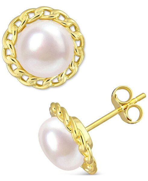 Cultured Freshwater Pearl (8mm) Link Frame Stud Earrings in Gold-Tone Plated Sterling Silver
