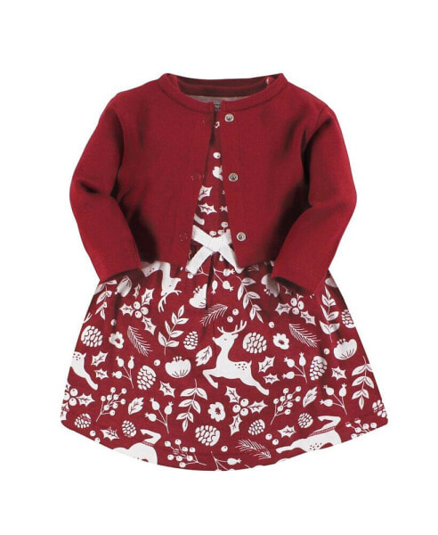 Toddler Girls Organic Cotton Dress and Cardigan, Red Winter Folk