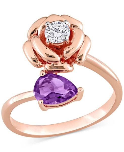 Amethyst (5/8 ct. t.w.) & White Topaz (1/3 ct. t.w.) Rose Bypass Ring in Rose-Plated Sterling Silver