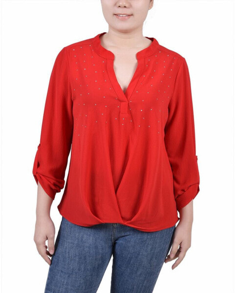 Petite 3/4 Sleeve Mandarin Collar Blouse with Front Pleats