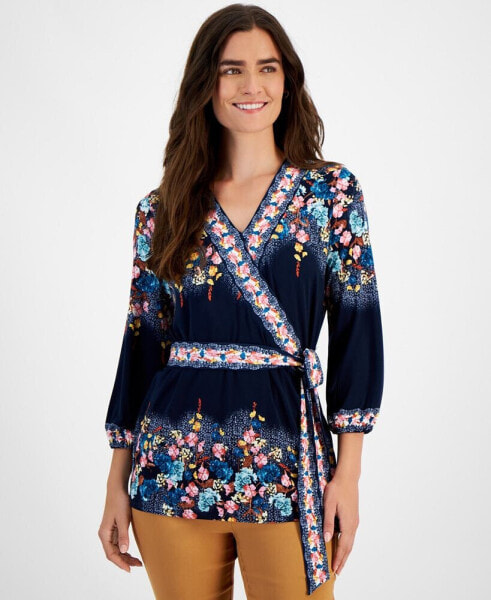 Women's Printed Faux-Wrap Top, Created for Macy's