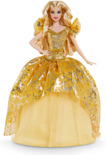 Коллекционная кукла Барби блондинка Barbie Doll 2020 Holiday праздничная,в золотистом нарядном платье,