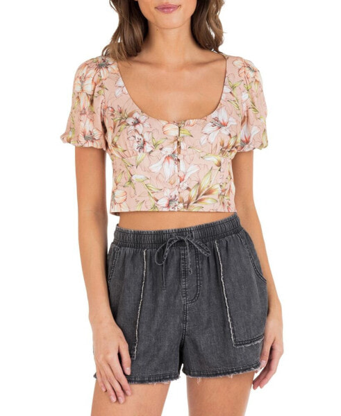 Juniors' Lily Floral-Print Bubble-Sleeve Cropped Top