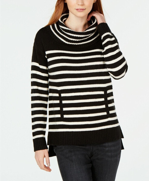 Charter Club Petite Striped Cowl Neck Sweater black White PL