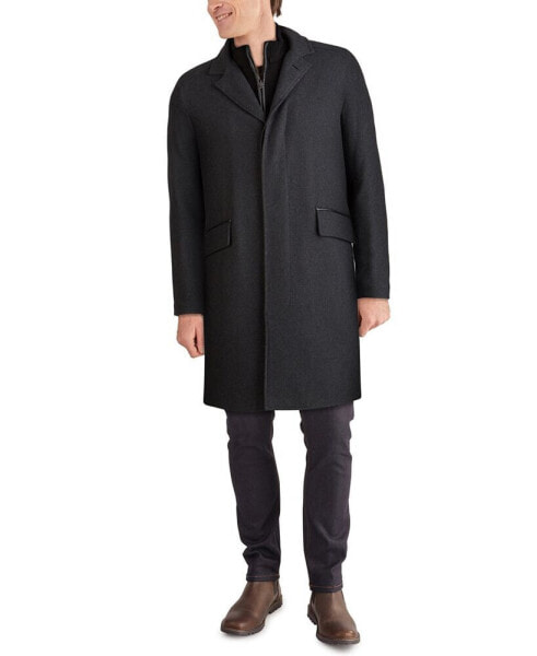 Men's Layered Look Classic-Fit Twill Topcoat with Faux-Leather Trim