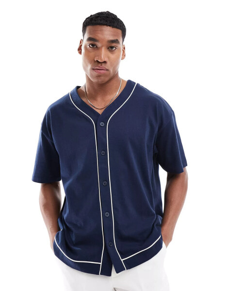 ASOS DESIGN oversized button up baseball t-shirt with contrast piping in navy