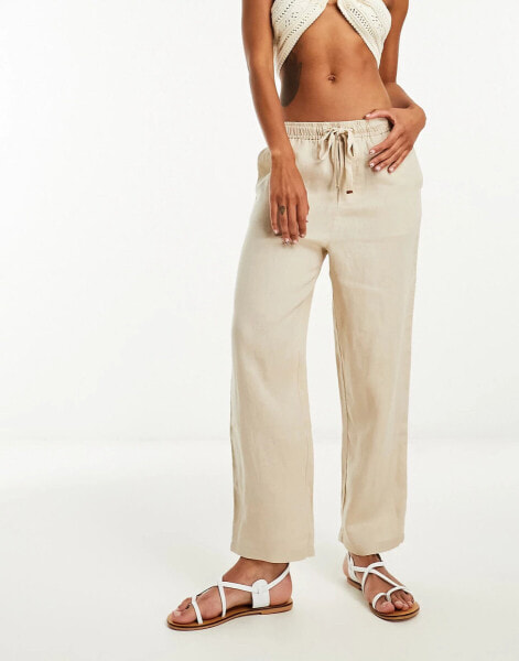 Mango straight leg tie waist linen trouser in light beige