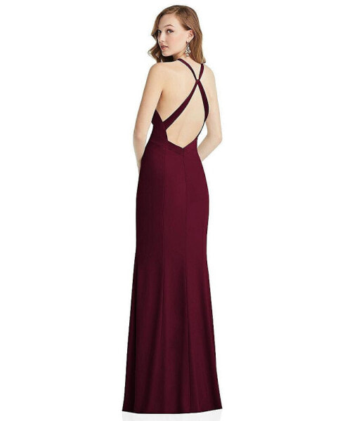 High-Neck Slit-Front Halter Dress