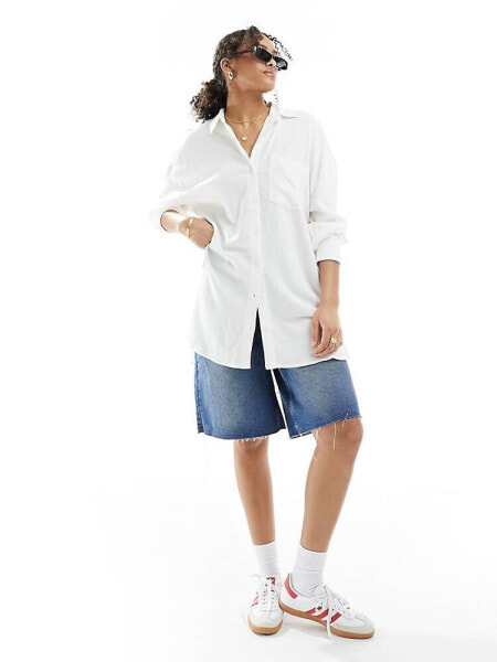 Stradivarius oversized linen look shirt in white