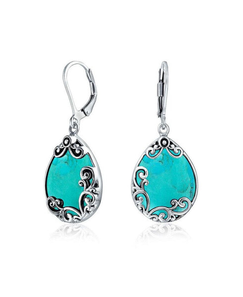 Western Style Teardrop Scroll Filigree Scroll Natural Stabilized Turquoise Lever Back Dangle Earrings For Women Sterling Silver