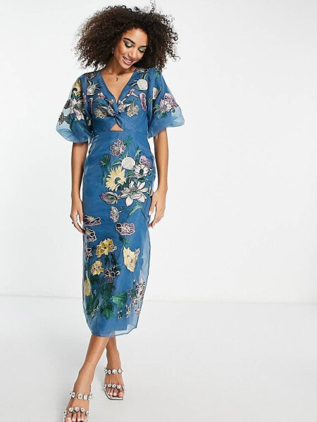 ASOS EDITION – Midikleid aus Organza in Stahlblau mit Blumenstickerei