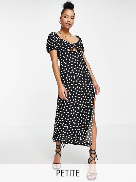 Miss Selfridge Petite knot front midi dress in mono polka dot 