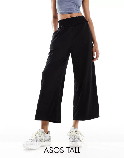 ASOS DESIGN Tall shirred waist cropped culotte trouser in black