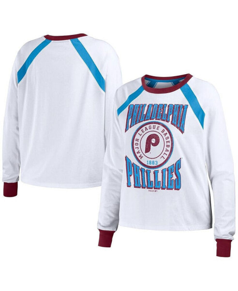 Women's White Distressed Philadelphia Phillies Raglan Long Sleeve T-shirt