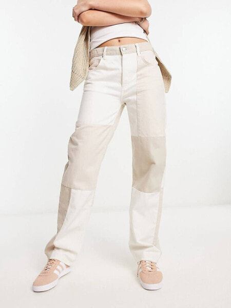 ASOS DESIGN mid rise baggy boyfriend jean in neutral patchwork