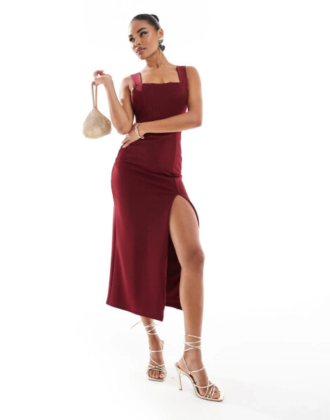 True Violet corset midi dress with thigh split in burgundy