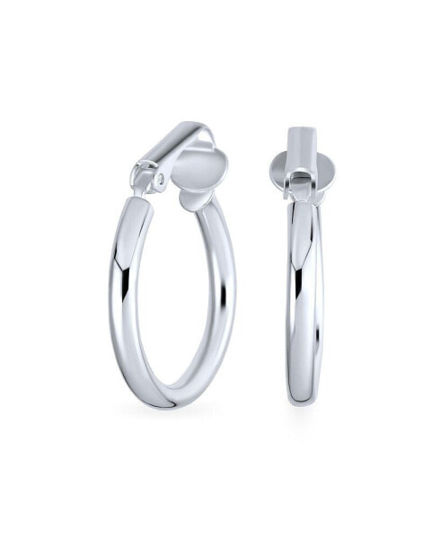 Classic Basic Simple Polished Tube Lightweight Clip On Hoop Earrings For Women Non Pierced Ears .925 Sterling Silver .75 Diameter