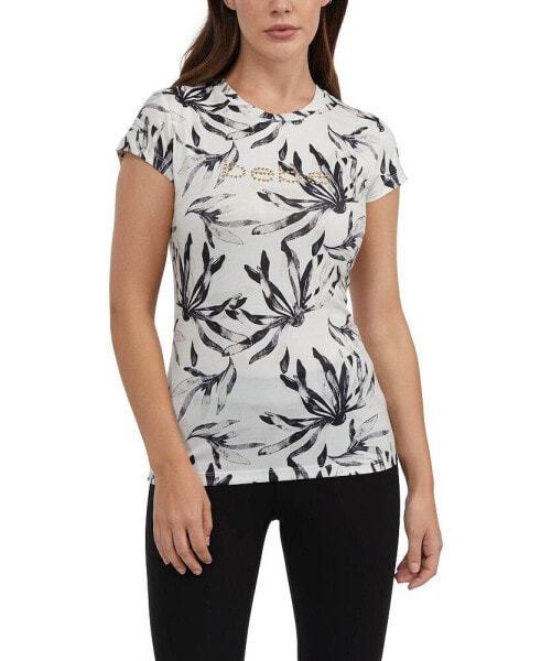 Women's Short Sleeve Botanical Print T-Shirt with Rhinestones