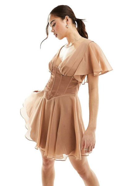 ASOS DESIGN flutter sleeve mini skater dress with satin corset in mocha 