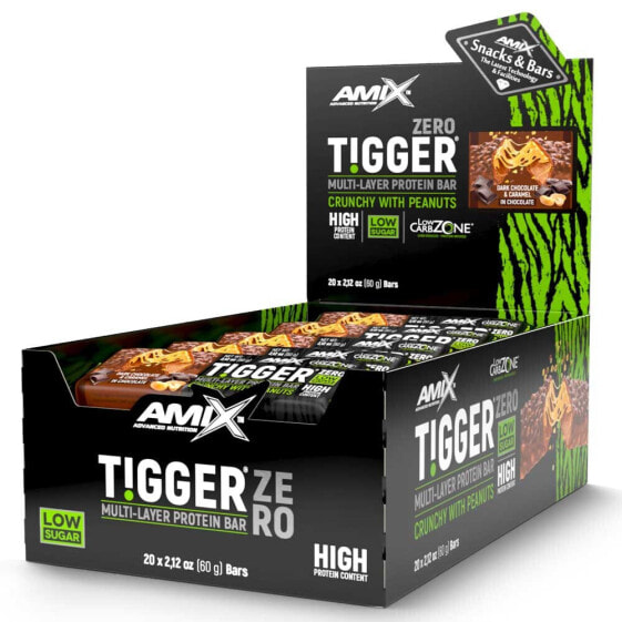 AMIX TiggerZero Multi-Layer 60g Protein Bars Box Dark Chocolate&Caramel 20 Units