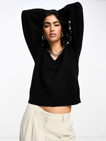 Vila v neck jumper with puff sleeves in black