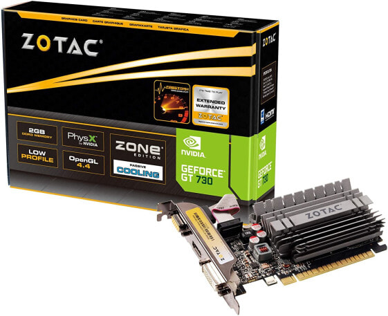 Zotac GeForce GT 730 Zone Grafikkarte (NVIDIA GT 730, 2GB DDR3, 64bit, Base-Takt 902 MHz, 1,6 GHz, DVI, HDMI, VGA, passiv gekühlt)