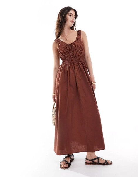 ASOS DESIGN wide strap channel waist midi sundress in chocolate