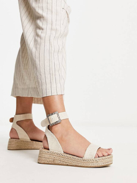 South Beach PU two part espadrille with textured buckle in cream linen
