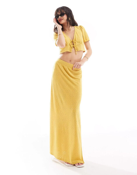 Something New styled by Claudia Bhimra broderie maxi skirt with slide split co-ord in spicy mustard