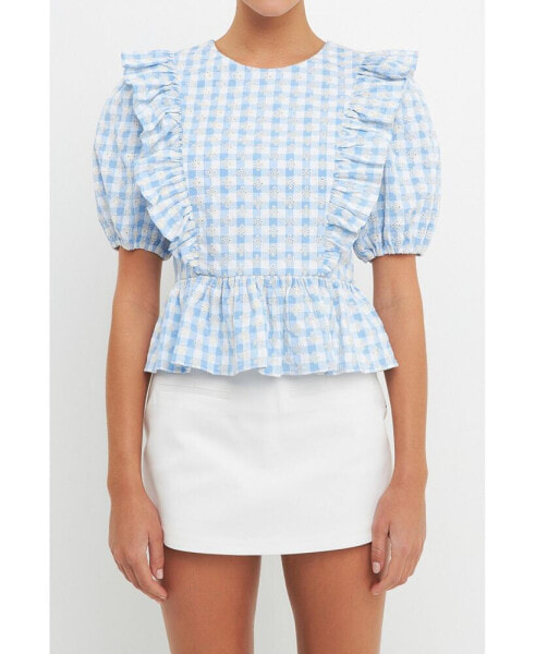 Women's Embroidered Gingham Checked Ruffle Top