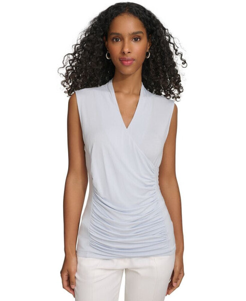 Women's Solid Ruched-Front V-Neck Sleeveless Blouse