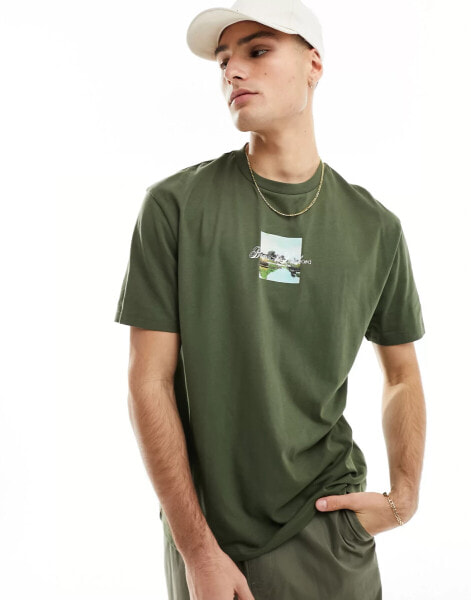 ASOS DESIGN relaxed t-shirt in khaki with chest scenic print