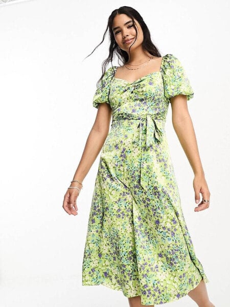 New Look square neck ruched front puff sleeve midi dress in green floral