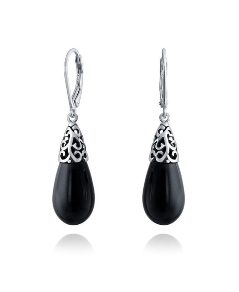 Western Style Black Natural Onyx Elongated Teardrop Filigree Lever Back Dangle Earrings For Women Sterling Silver