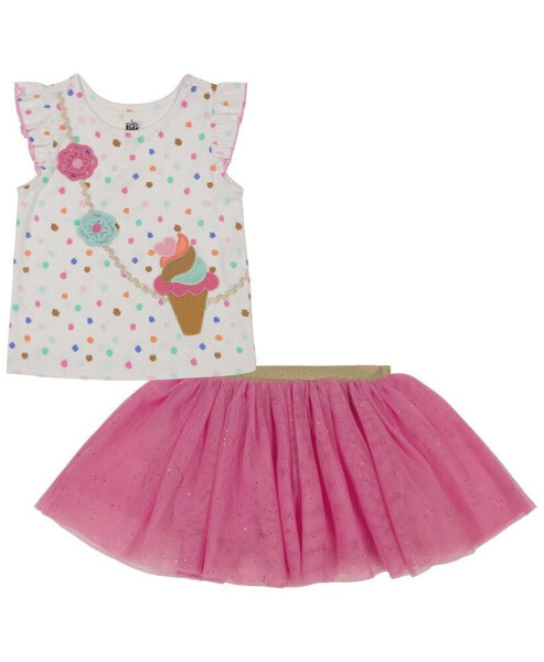 Baby Girls Ice Cream Crossbody Flutter Sleeves T-shirt and Tutu Skorts