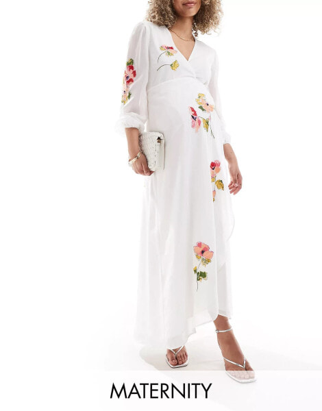 Hope & Ivy Maternity wrap maxi dress with floral embroidery in white